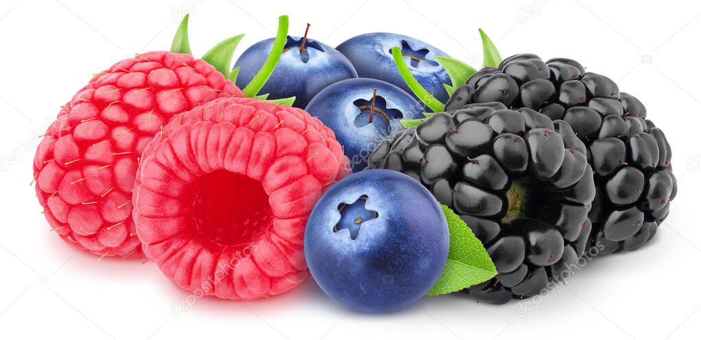 Multicolored composition with assortment of sweet berries - raspberry, blueberry and blackberry isolated on a white background with clipping path.