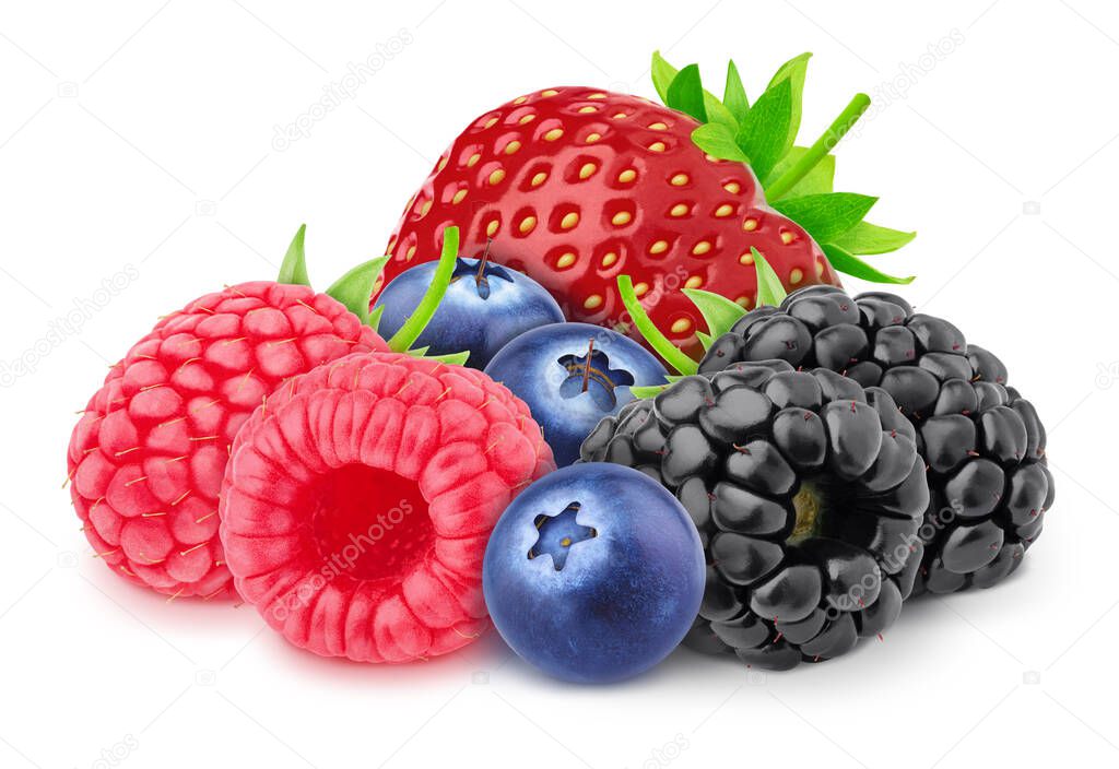 Multicolored composition: heap of forest berries - raspberry, strawberry, blueberry and blackberry, isolated on a white background with clipping path.