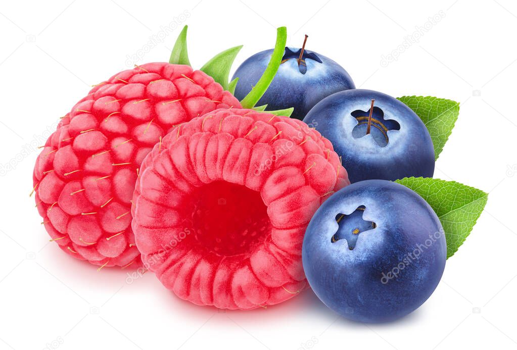 Colourful composition with assortment of berries - raspberry and blueberry, isolated on a white background with clipping path.