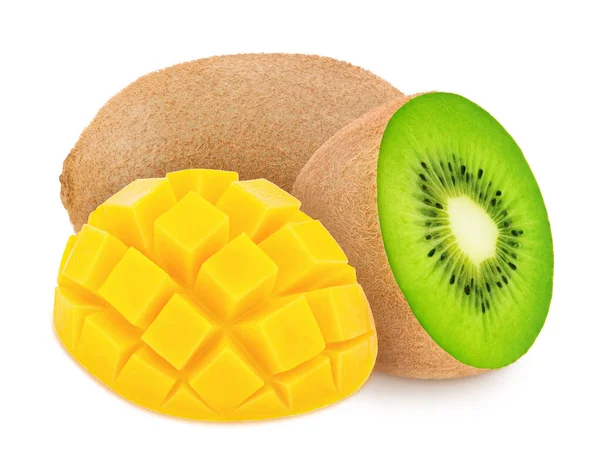 Immagine composita con kiwi e fetta curva di mango isolata su fondo bianco . — Foto Stock