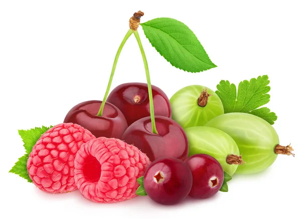 Raspberry, cherry, gooseberry dan cranberry diisolasi pada latar belakang putih dengan jalur kliping . — Stok Foto