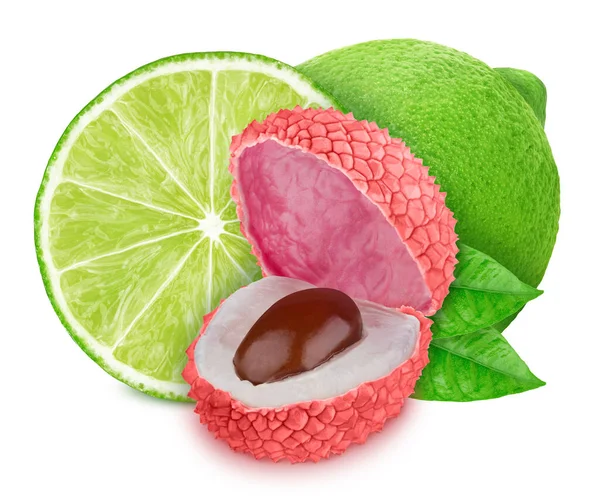 Composition with lime and lychee isolated on a white background with clipping path. Variation on a Mojito theme. — Stock Photo, Image