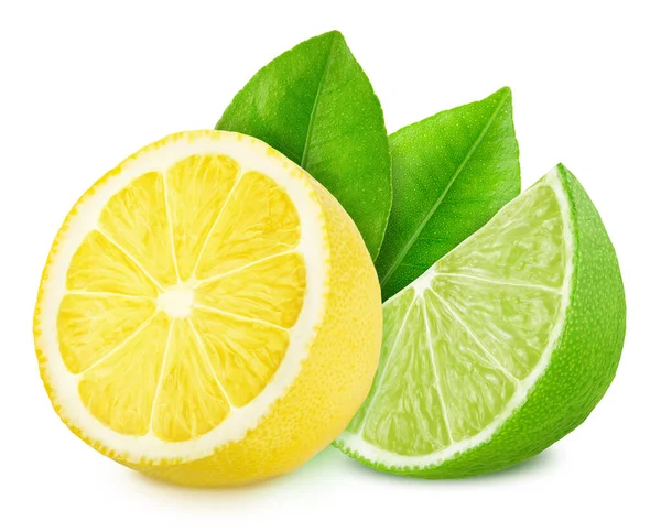 Veelkleurige samenstelling met schijfjes zure citrusvruchten - limoen en citroen geïsoleerd op een witte achtergrond. — Stockfoto