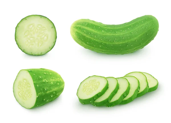 Set of whole and sliced cucumbers isolated on a white background. — Stock Photo, Image