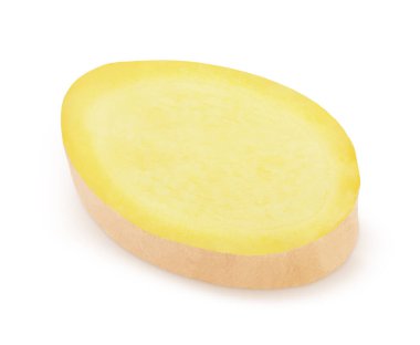 Beyaz arka planda izole edilmiş taze zencefil dilimi. Paket tasarımı için resim parçacığı.