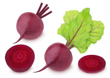 Beyaz bir arka planda taze ve kesilmiş pancar seti. Paket tasarımı için resim parçacığı.