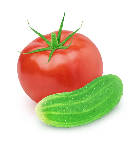 Plantaardige samenstelling: tomaat, komkommer op witte achtergrond. — Stockfoto