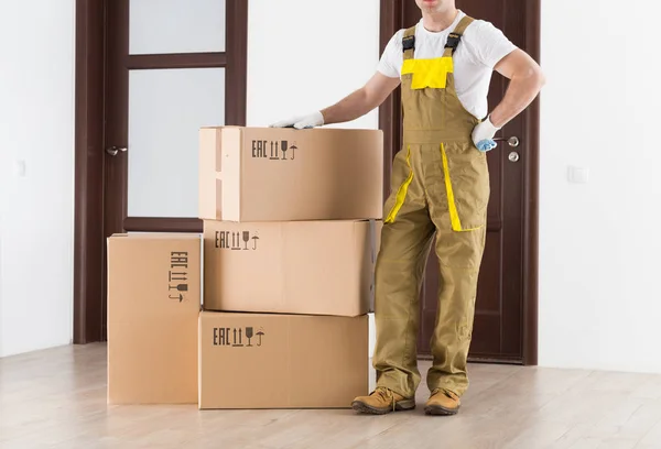 Deliver Standing Boxes Flat Delivery Backdrop Worker Man Uniform Work — Stock Photo, Image