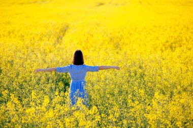Özgürlük. Tatil kavramı. Yaz doğa. Yan enjoing yaz akşam için elleriyle sarı alanındaki mavi elbiseli kız.