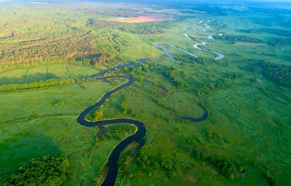 Paysage Aérien Été Rivière Dans Prairie Verte Haut Matin Ensoleillé — Photo