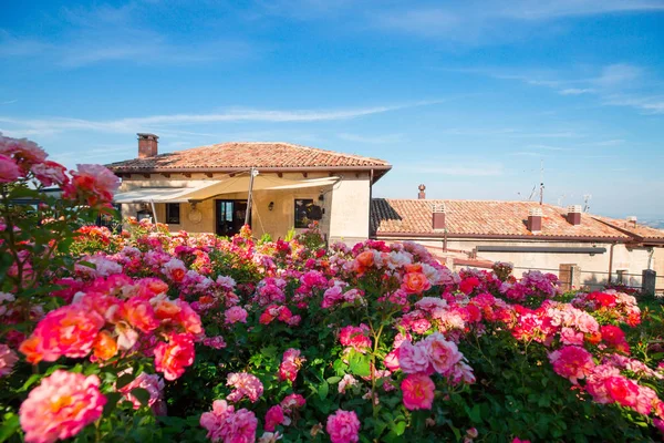 Zonnige San Marino Stadsgezicht Kleurrijke Rode Bloemen Oude Gebouwen Achtergrond — Stockfoto