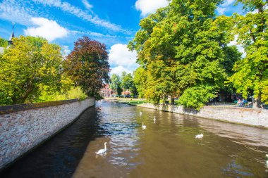 Brugge, Belçika'da. İki gün güneşli yaz yeşil ağaçlar ile su kanalı. Bruges cityscape.