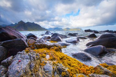 Çarpıcı manzara lofoten Adaları. Bulutlu gökyüzü altında taş yanlarıyla fiyort. Ufuk buzlu. Kuzey yaz.