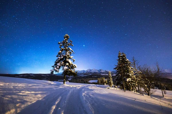 Paisaje Nocturno Invierno Camino Invierno Las Colinas Montaña Bajo Cielo — Foto de Stock