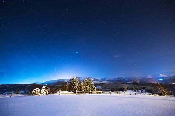 Noche Invierno Estrellada Las Montañas Cielo Está Lleno Estrellas Brillantes — Foto de Stock