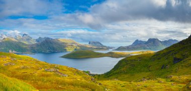 Bahar panoramik manzara. Lofoten Adaları manzara. Güneşli bir günde yeşil tepeler.