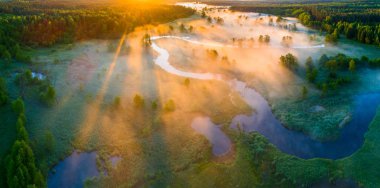 Bahar doğa. Bahar hava manzara. Sis ile bahar çayır üzerinde renkli gündoğumu Panoraması. Temiz environtment arka plan. Güneş ve güneş, güzel canlı yatay.