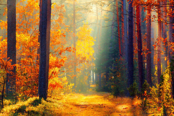 Sunlight in forest. Path in fall forest. Fall forest. Autumn landscape.