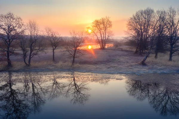 Otoño Amanecer Sobre Lago Limpie Los Árboles Sus Reflejos Tranquilo —  Fotos de Stock