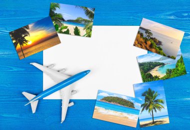 Uçakla seyahat. Tropikal resort. Reklam şirketi. Otel rezervasyonu.