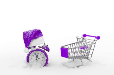 Alışveriş sepeti ve çalar saat kar üzerinde. Son dakika Noel satış. İndirimler son sayım. Hediyeler için acele et. Tatil için hazırlanıyor. Özel teklifler. Satın almak için zaman var.