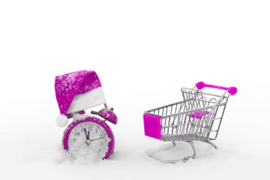 Alışveriş sepeti ve çalar saat kar üzerinde. Son dakika Noel satış. İndirimler son sayım. Hediyeler için acele et. Tatil için hazırlanıyor. Özel teklifler. Satın almak için zaman var.
