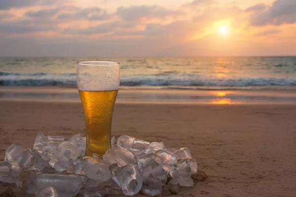 Copo Cerveja Gelada Costa Mar Pôr Sol Relaxe Praia — Fotografia de Stock