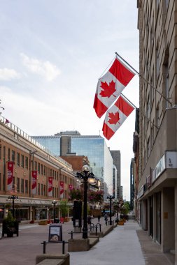 Ottawa, Kanada - 13 Haziran 2025: Başkent Kanada 'nın merkezindeki şehir manzarası. Kanada bayraklı Pedestrian Sparks Caddesi.