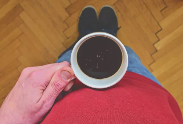 Man Holding Morning Cup Coffee Man Cup Coffee Standing Parquet — Stock Photo, Image