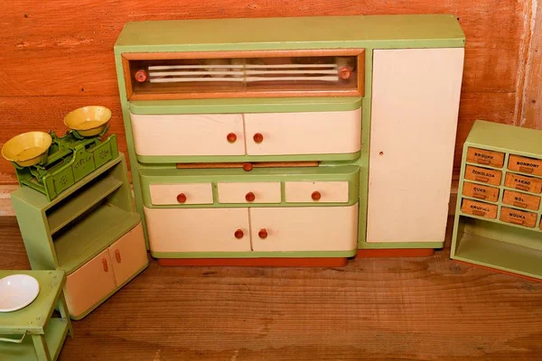 Vintage toys for girls. Wooden toy kitchen — Stock Photo, Image