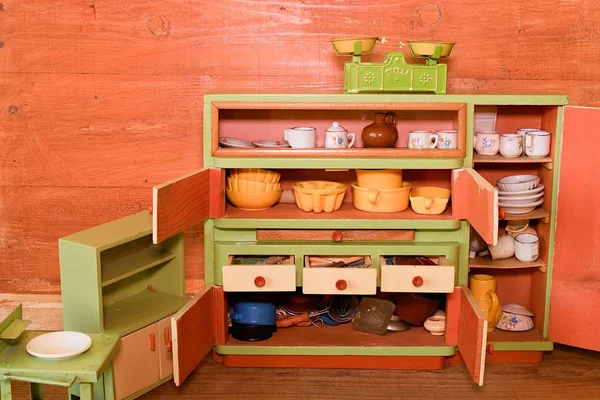 Vintage toys for girls. Wooden toy kitchen — Stock Photo, Image