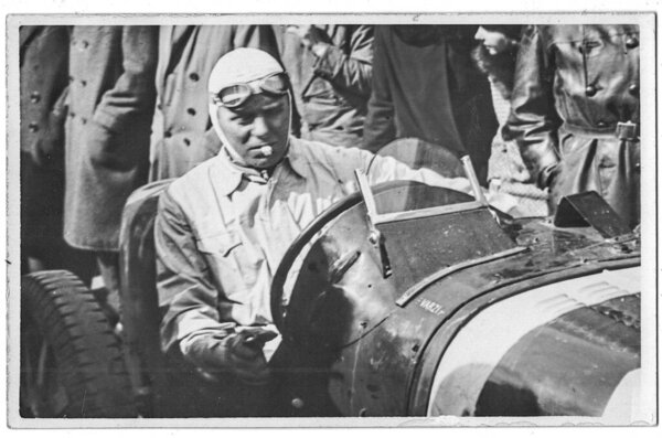 Louis Chiron a Monegasque racing driver prepares for car race at Brno circuit - Masaryk Grand Prix. Chiron drives the Bugatti car.
