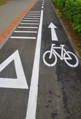 Bisikletçiler ve patenciler için şehir şeridi. Yoldaki bisiklet tabelaları. Bisiklet yolu ve ok. Bisiklet ve modern ekolojik toplum hareketi