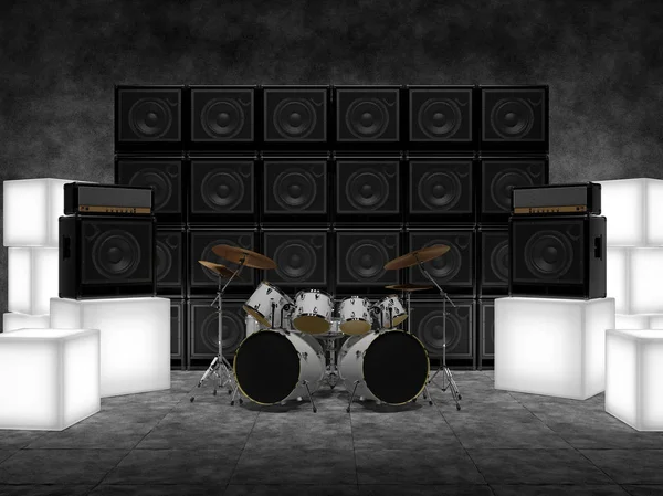 Abstract Scene Drums Guitar Amps Glowing Cubes — Stock Photo, Image