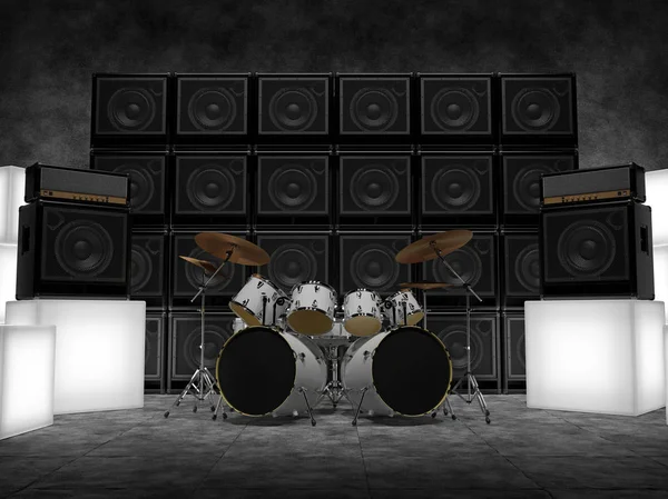 Abstract scene with drums, guitar amps and glowing cubes