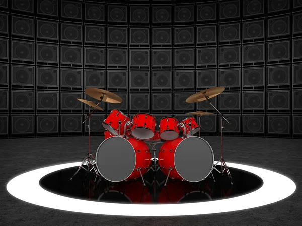 Red drum set against the backdrop of a wall of guitar amps — Stock Photo, Image