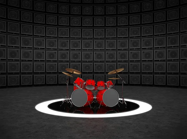 Tambor rojo en el fondo de una pared de amplificadores de guitarra —  Fotos de Stock