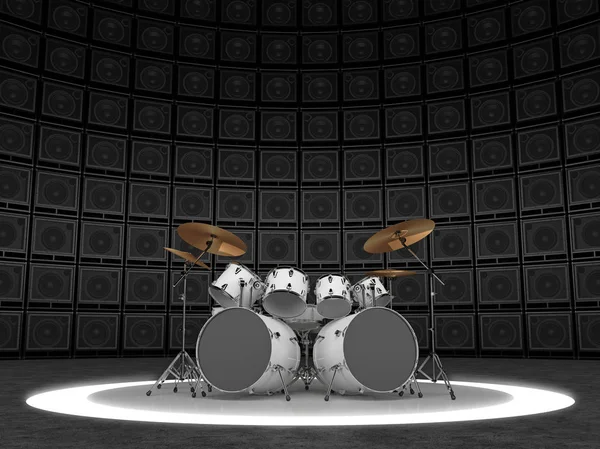 White Drum Set Backdrop Wall Guitar Amps — Stock Photo, Image