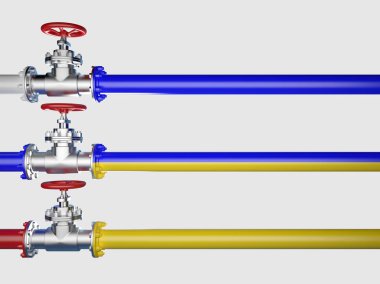 Endüstriyel boru Vana, Rus ve Ukraynalı bayraklar boyalı. Beyaz üzerinde izole