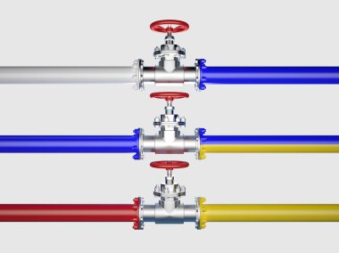 Endüstriyel boru Vana, Rus ve Ukraynalı bayraklar boyalı. Beyaz üzerinde izole