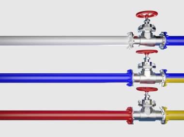 Endüstriyel boru Vana, Rus ve Ukraynalı bayraklar boyalı. Beyaz üzerinde izole