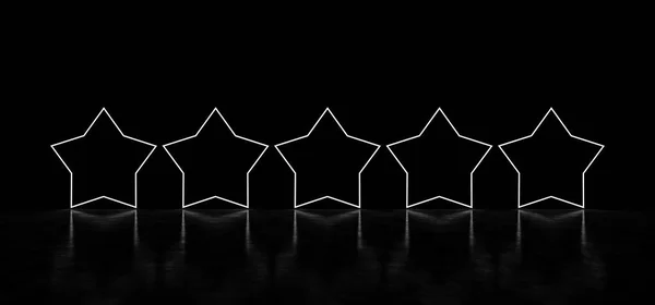 Five glowing stars rating. Glowing stars in dark space. 3D render Stock Photo