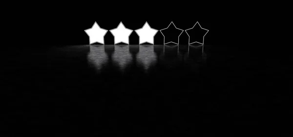Five glowing stars rating. Glowing stars in dark space. 3D render