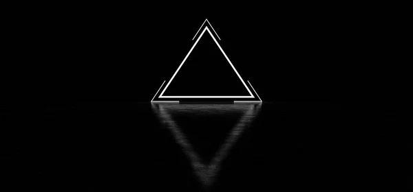Gloeiende driehoek in donkere ruimte. Gloeiende piramide, reflecties op de glanzende vloer. 3D Render — Stockfoto