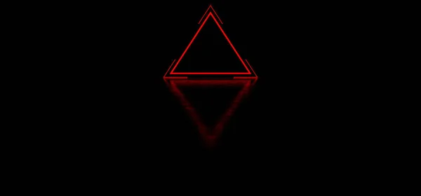 Світло-червоний трикутник зі смугами в темному просторі. Світлова абстрактна червона піраміда. Світловий знак у формі абстрактного трикутника. 3D Render — стокове фото
