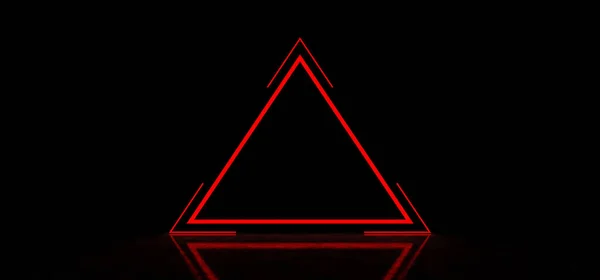 Glowing red triangle with stripes in a dark space. Glowing abstract red pyramid. Glowing abstract triangle shaped sign.. 3D Render