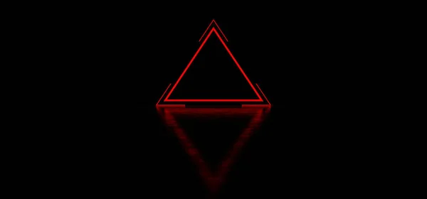 Gloeiende rode driehoek met strepen in een donkere ruimte. Een gloeiende abstracte rode piramide. Gloeiend abstract driehoekig teken.. 3D Render — Stockfoto