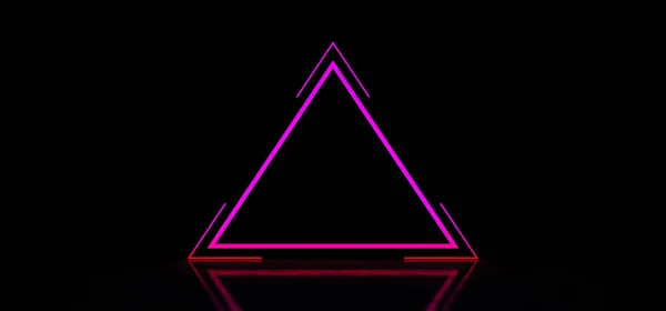 Світло-фіолетовий трикутник зі смугами в темному просторі. Блискуча абстрактна рожева піраміда. Світловий знак у формі абстрактного трикутника. 3D Render — стокове фото