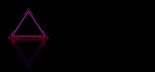 Triángulo púrpura brillante con rayas en un espacio oscuro. Pirámide rosa abstracta brillante. Signo en forma de triángulo abstracto brillante.. 3D Render —  Fotos de Stock