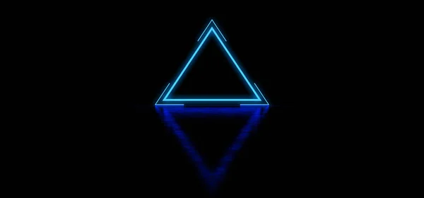 Glowing blue triangle with stripes in a dark space. Glowing abstract blue pyramid. Glowing abstract triangle shaped sign.. 3D Render — Stock Photo, Image